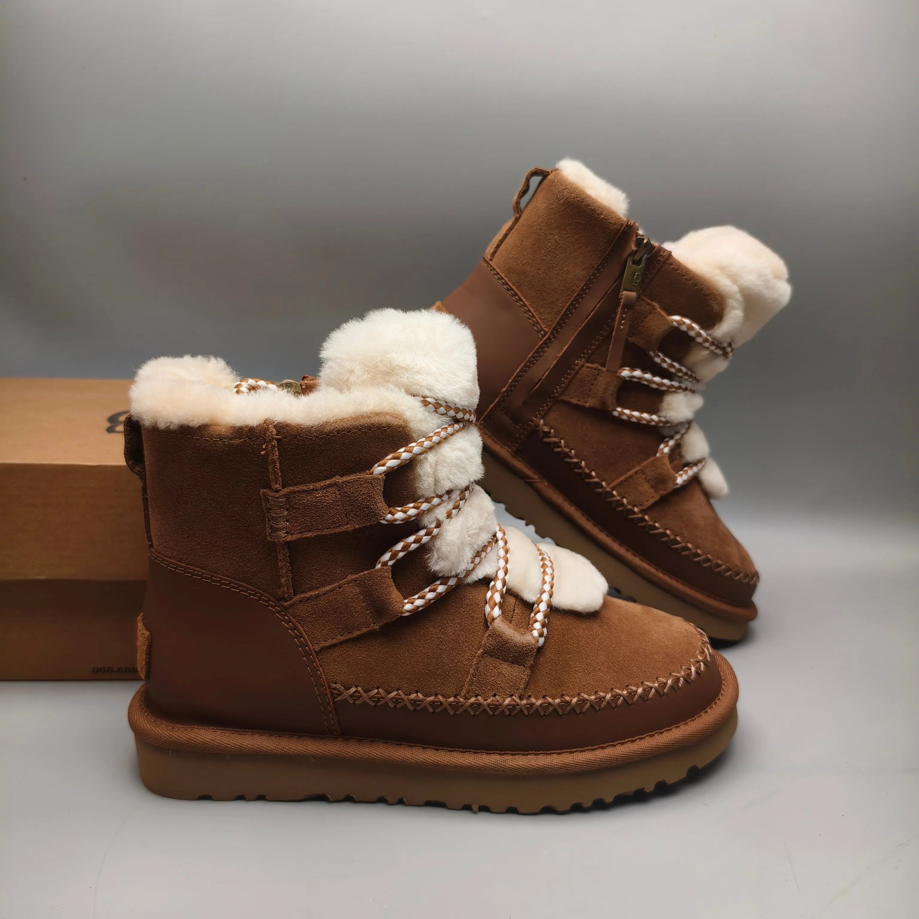 💰600 UGG sheepskin all-in-one snow boots 4574 lace-up side zipper casual shoes Color: Brown Maroon Matching size: 35-40